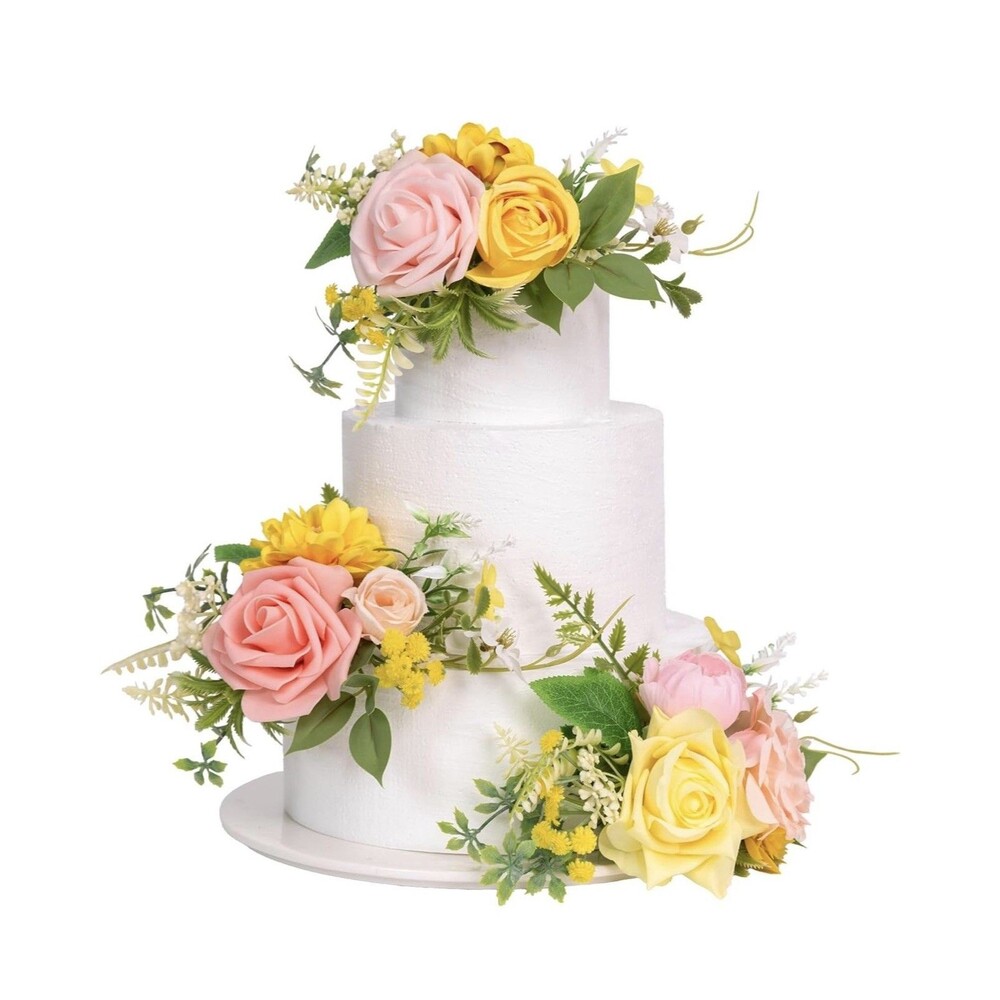 TINGE TIME 3Pcs Pre-made Cake Toppers, Silk Artificial Flowers Decor, Cake De...